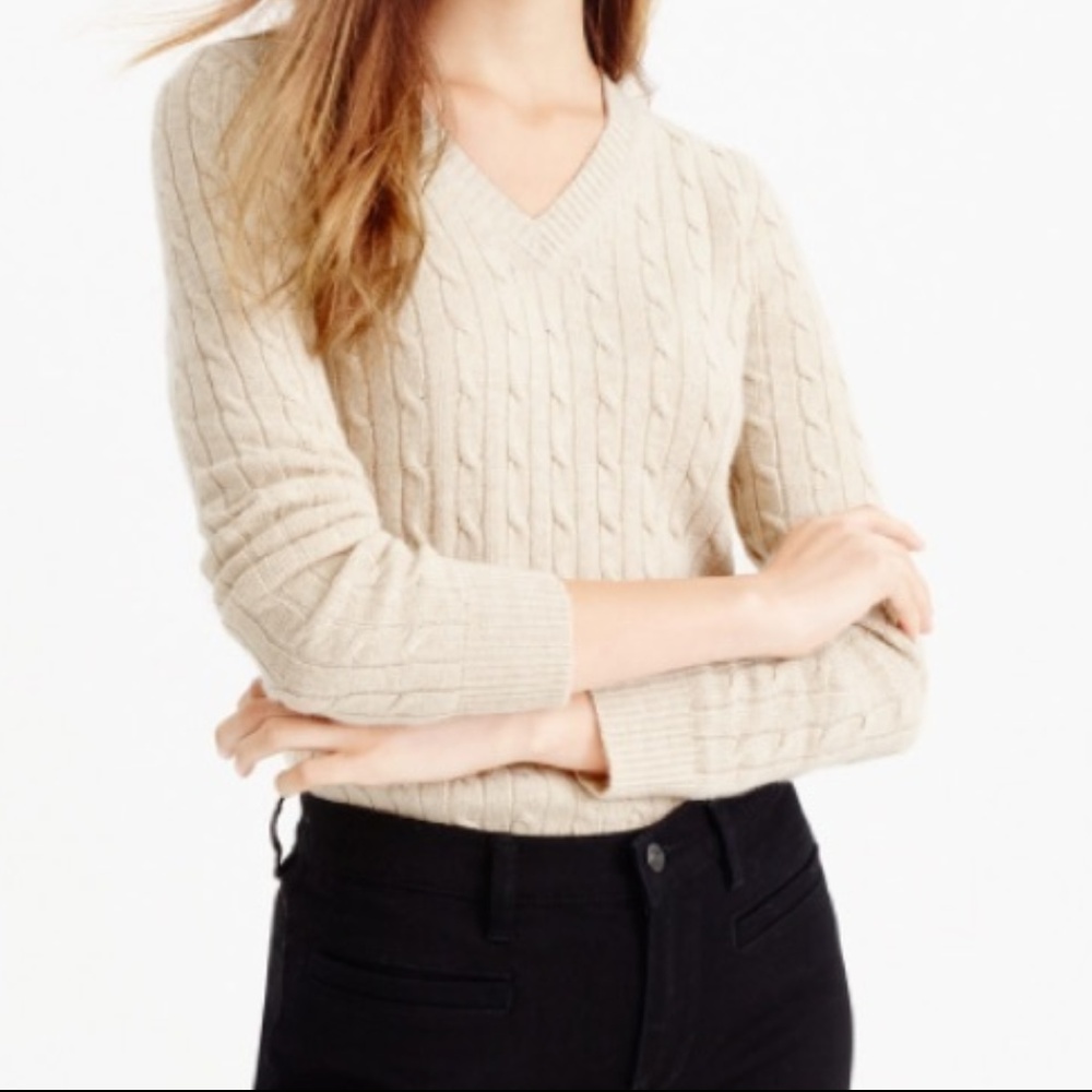 J. Crew Tan V-neck Cable Sweater Merino/Cashmere M